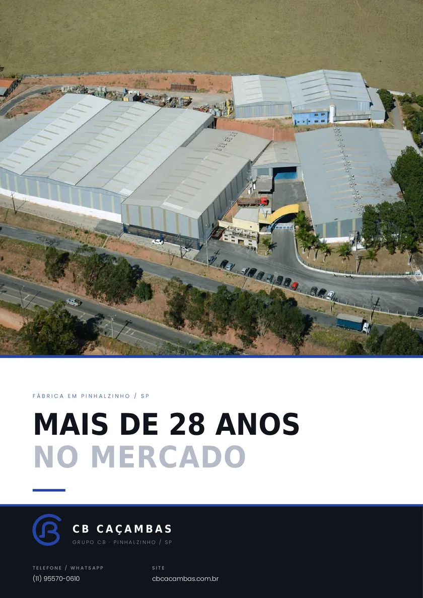 Folha 06 do portfólio: vista aérea da fábrica em Pinhalzinho (SP), mais de 28 anos no mercado, e contatos